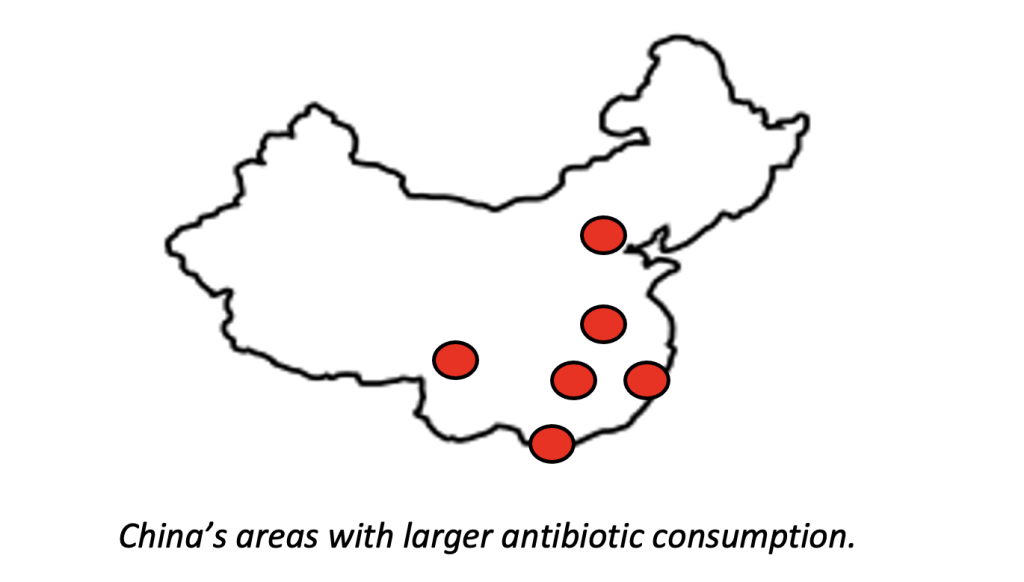 China’s areas with larger antibiotic consumption.